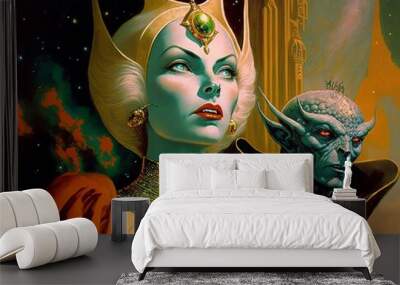 Retro Sci-Fi Space Queen with Her Monstrous Minion. [Sci-Fi, Fantasy, Historic, Horror Character Portrait. Graphic Novel, Video Game, Anime, Comic, or Manga Illustration.] Wall mural